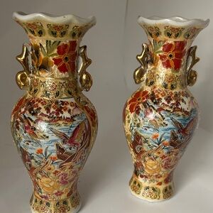 Satsuma ware Japanese  Pottery Artistic Floral Vases with Gold Details set of 2